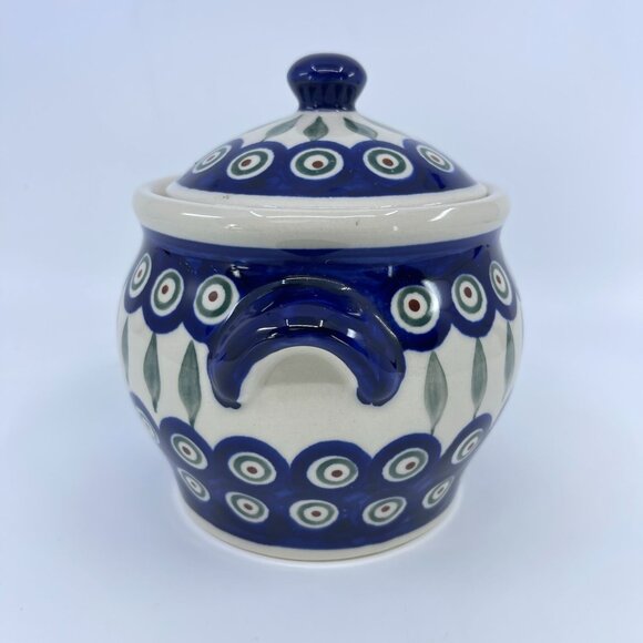vintage boleslawiec polish pottery lidded jar "peacock" pattern handcrafted - Picture 2 of 7